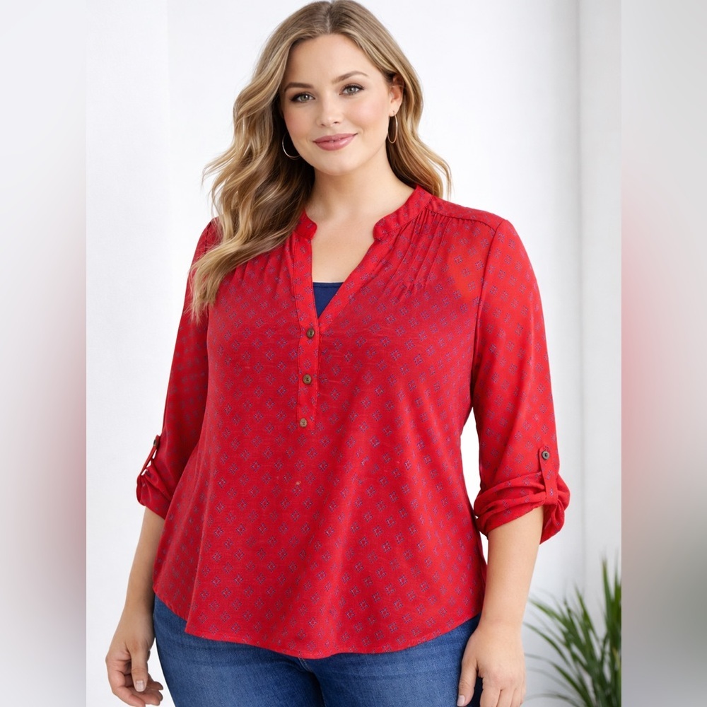 NWOT Alice Blue Stitch Fix Sheer red Print Blouse XL Boho Roll Tab Sleeves